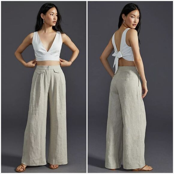 Anthropologie Sovere Instance High Waist Wide Leg Oatmeal Pleated Linen Pants L - Picture 2 of 14